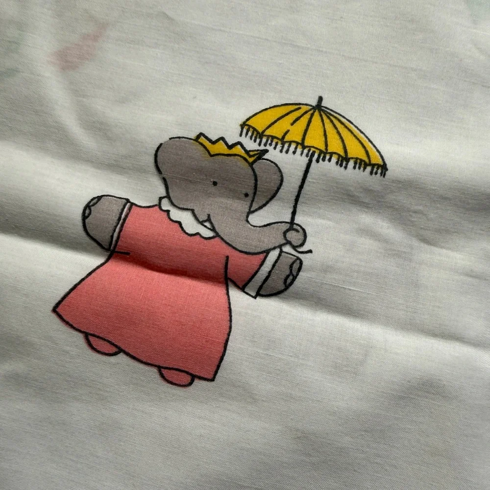 Vintage Babar the Elephant Pillowcase Set Kids Standard White Storybook Print